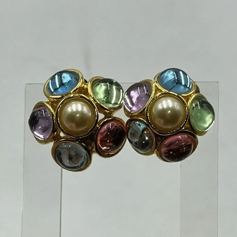 Vintage Pastel Colors Flower Cabochons Moon glow Clip On Gold Tone Earrings